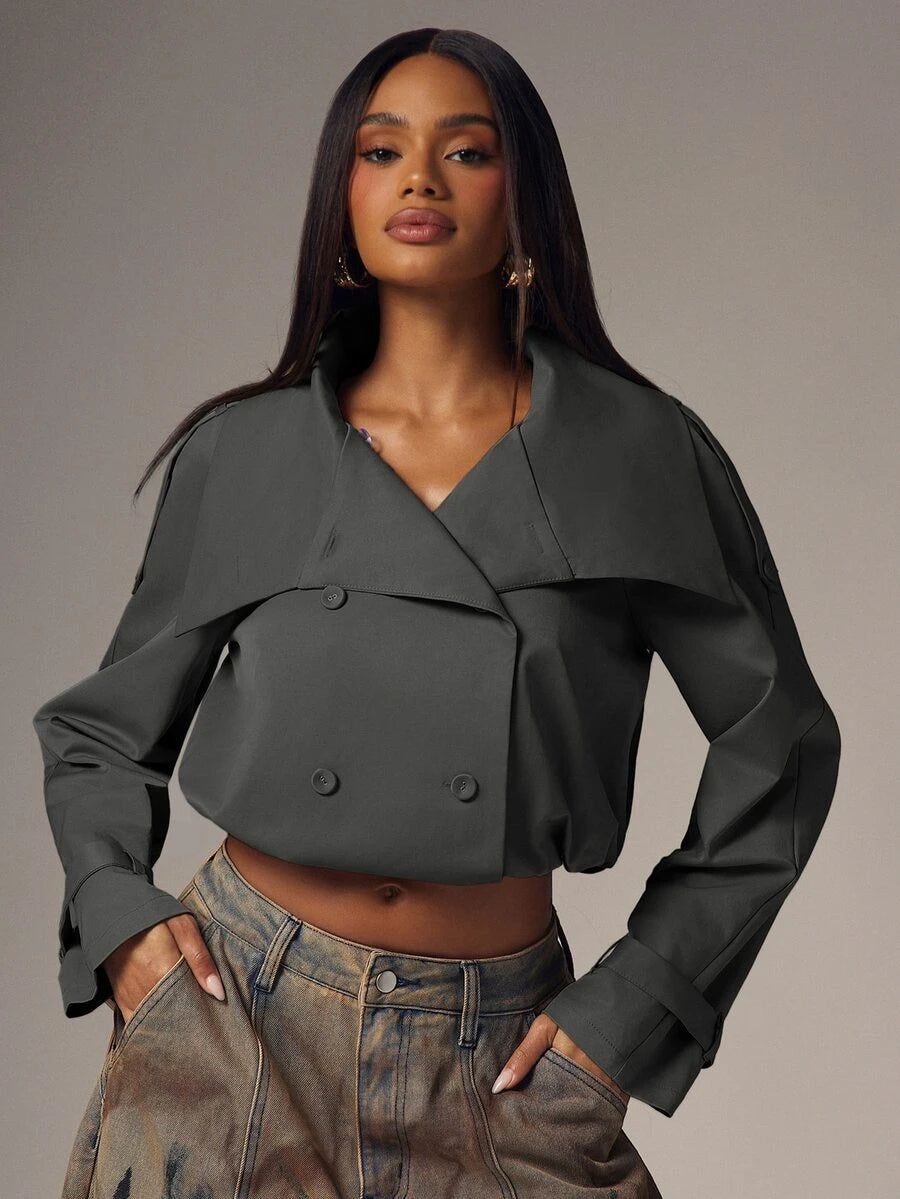 Marguerite High Collar Double-Breasted Cropped Trench Jacket - Grey