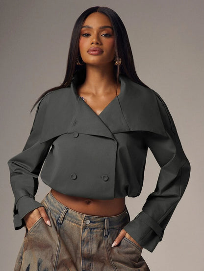 Marguerite High Collar Double-Breasted Cropped Trench Jacket - Grey