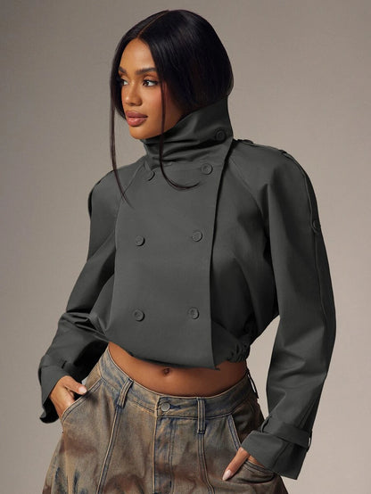 Marguerite High Collar Double-Breasted Cropped Trench Jacket - Grey