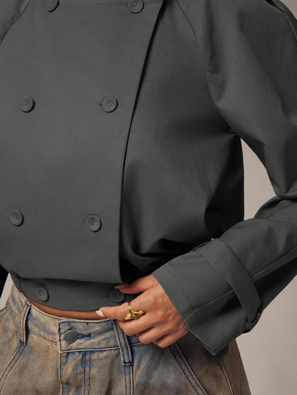 Marguerite High Collar Double-Breasted Cropped Trench Jacket - Grey