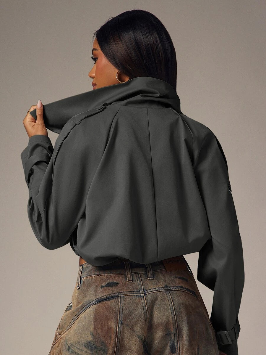 Marguerite High Collar Double-Breasted Cropped Trench Jacket - Grey