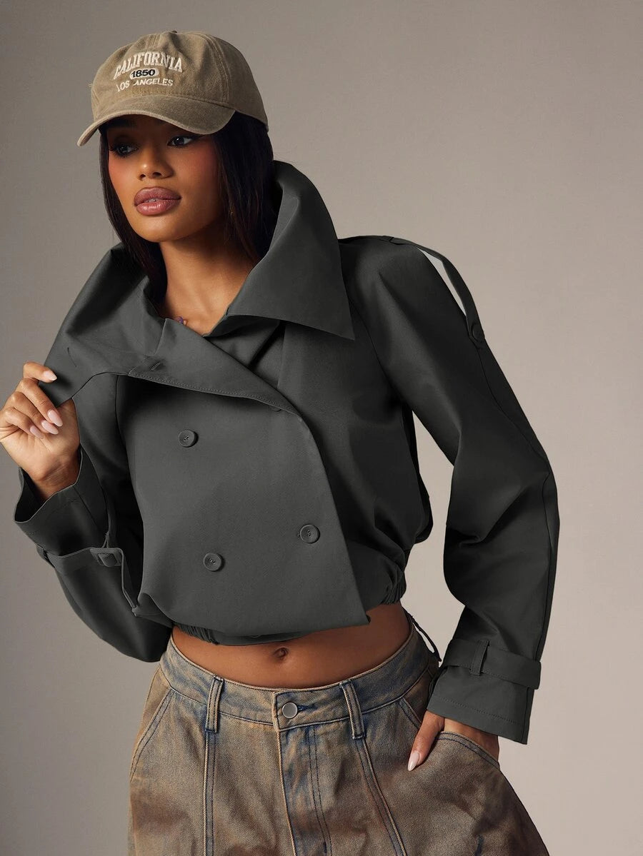 Marguerite High Collar Double-Breasted Cropped Trench Jacket - Grey