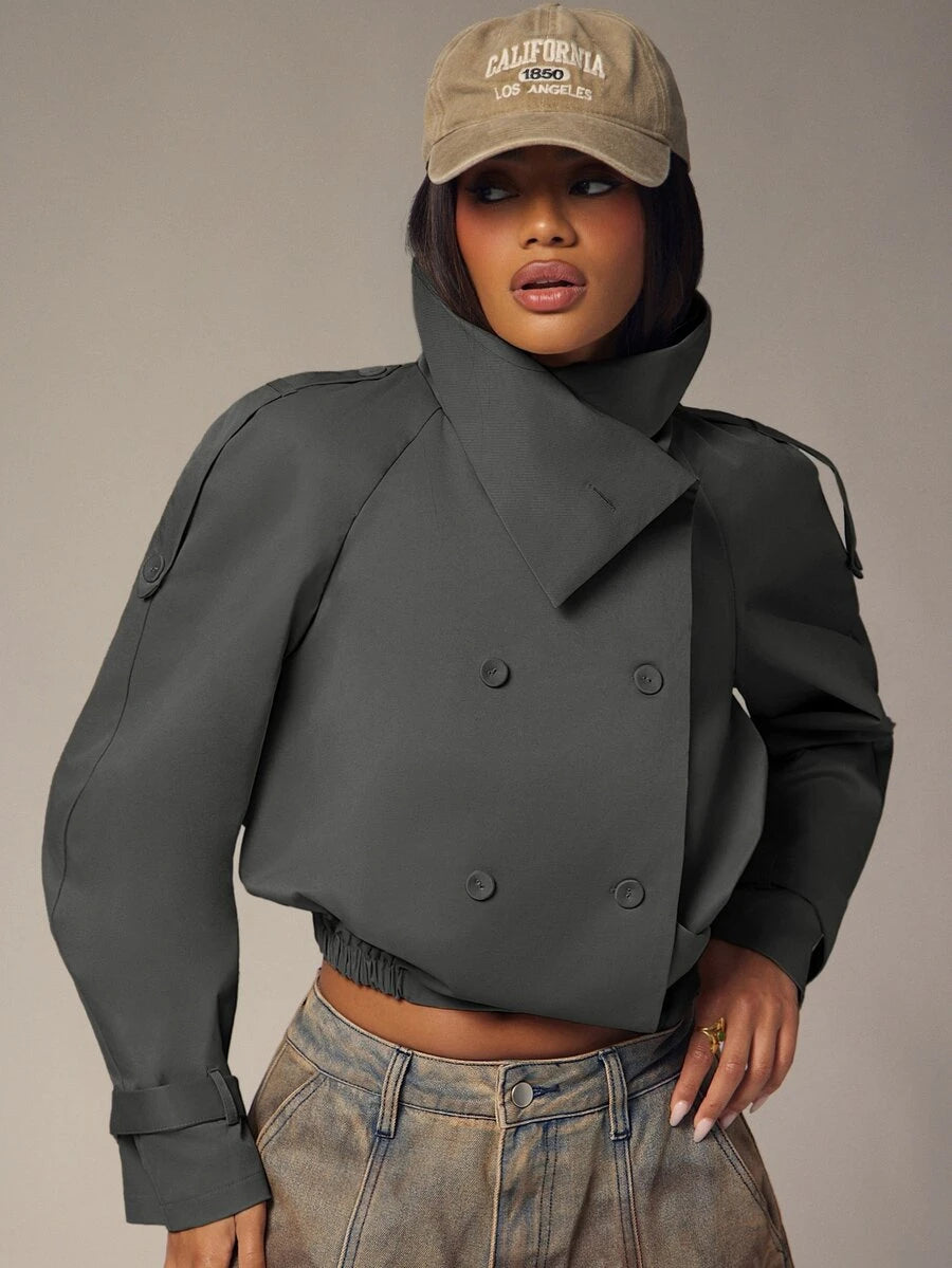 Marguerite High Collar Double-Breasted Cropped Trench Jacket - Grey