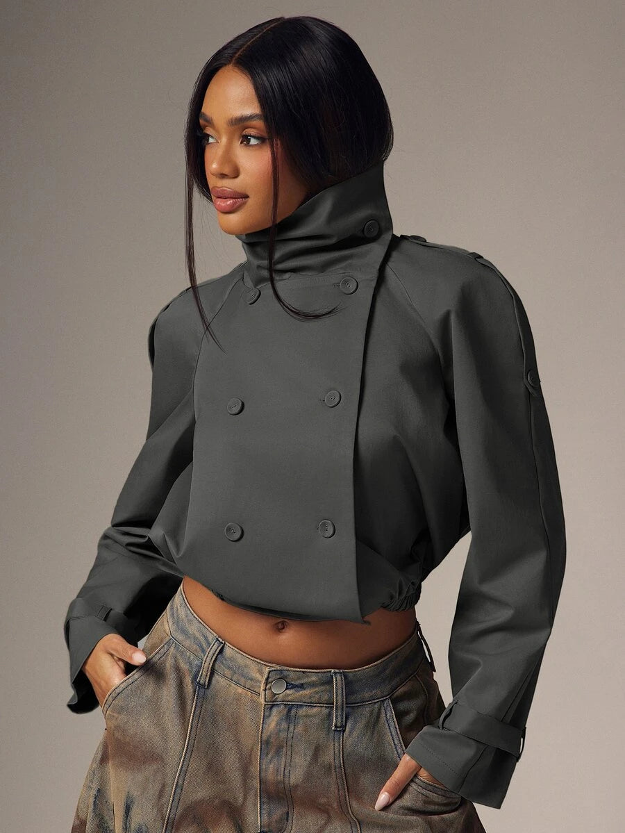 Marguerite High Collar Double-Breasted Cropped Trench Jacket - Grey