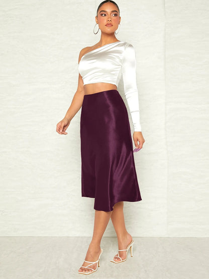 Women's Satin Midi Skirt, Side Zip Silky A-Line Skirt for Evening and Wedding Guest - Hot Pink