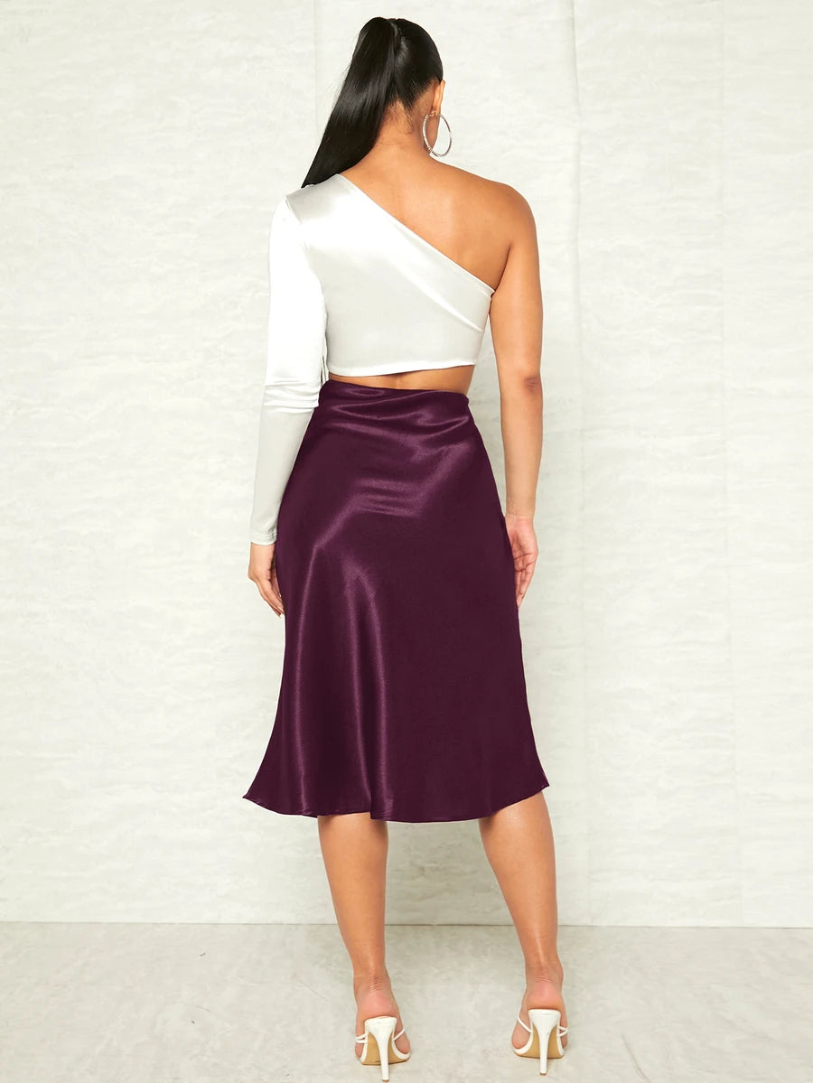 Women's Satin Midi Skirt, Side Zip Silky A-Line Skirt for Evening and Wedding Guest - Purple