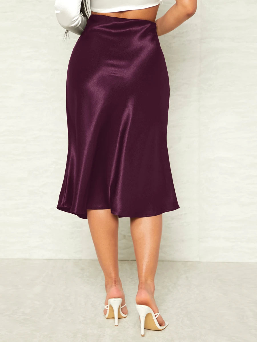 Women's Satin Midi Skirt, Side Zip Silky A-Line Skirt for Evening and Wedding Guest - Apricot
