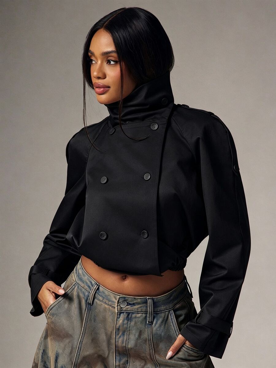 Marguerite High Collar Double-Breasted Cropped Trench Jacket - Black