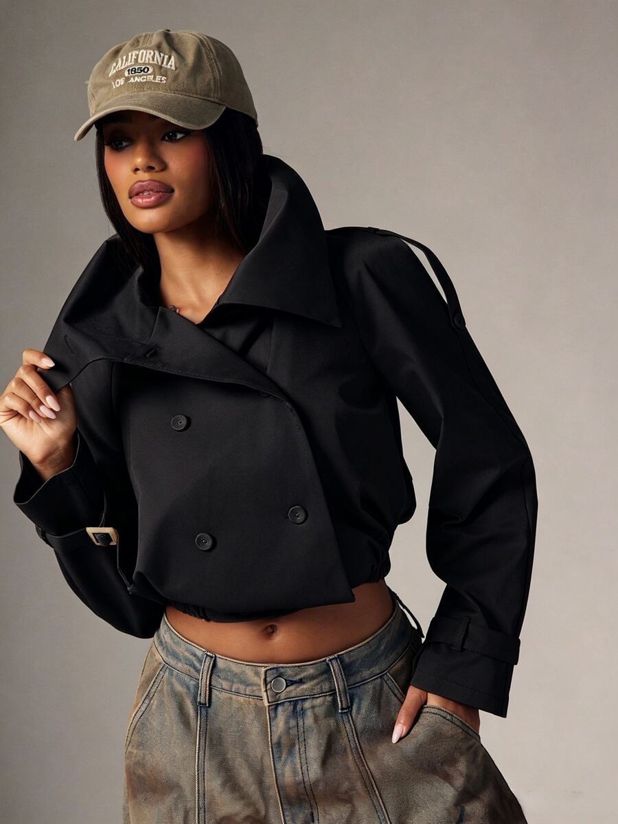Marguerite High Collar Double-Breasted Cropped Trench Jacket - Black