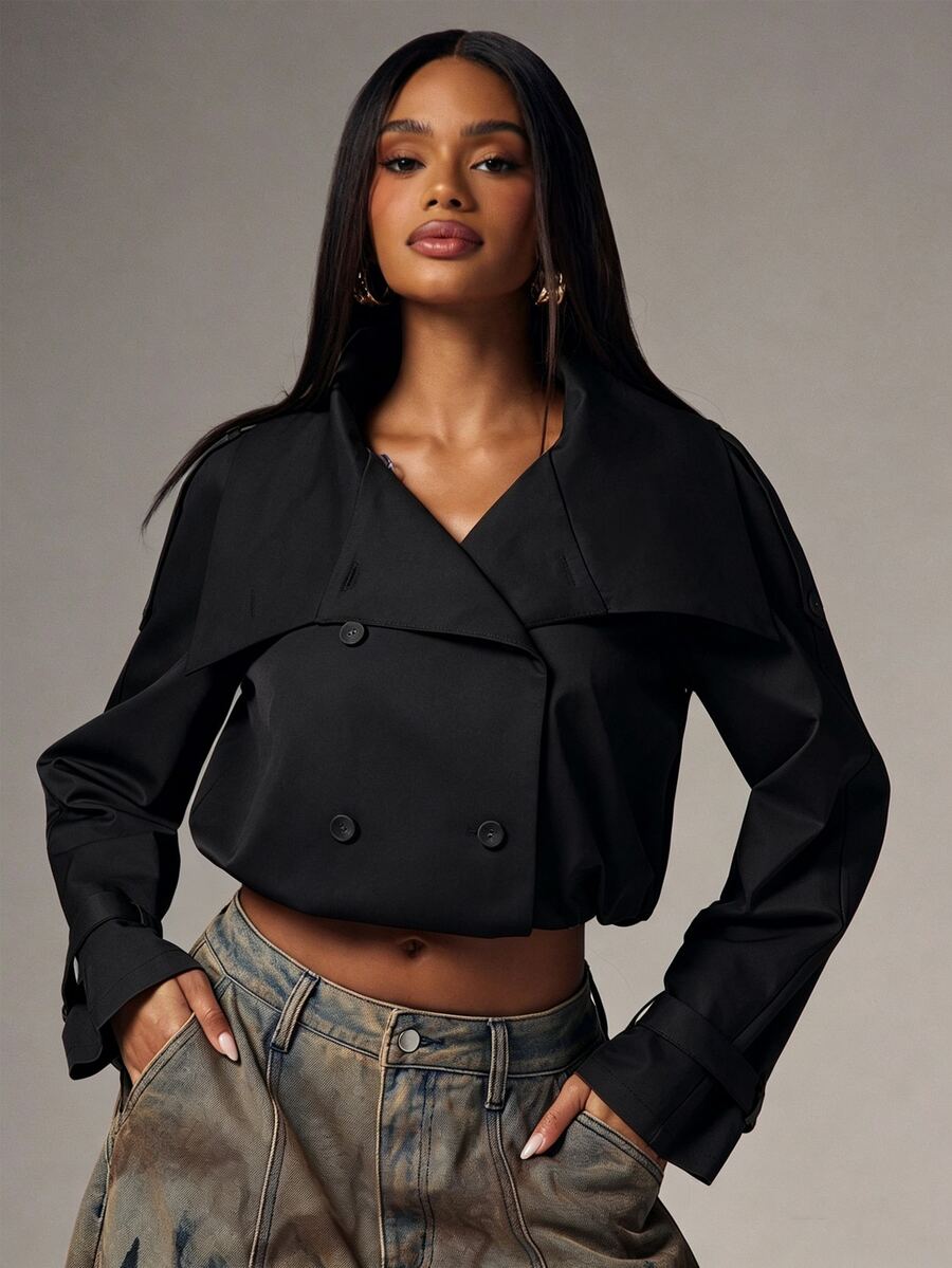 Marguerite High Collar Double-Breasted Cropped Trench Jacket - Black