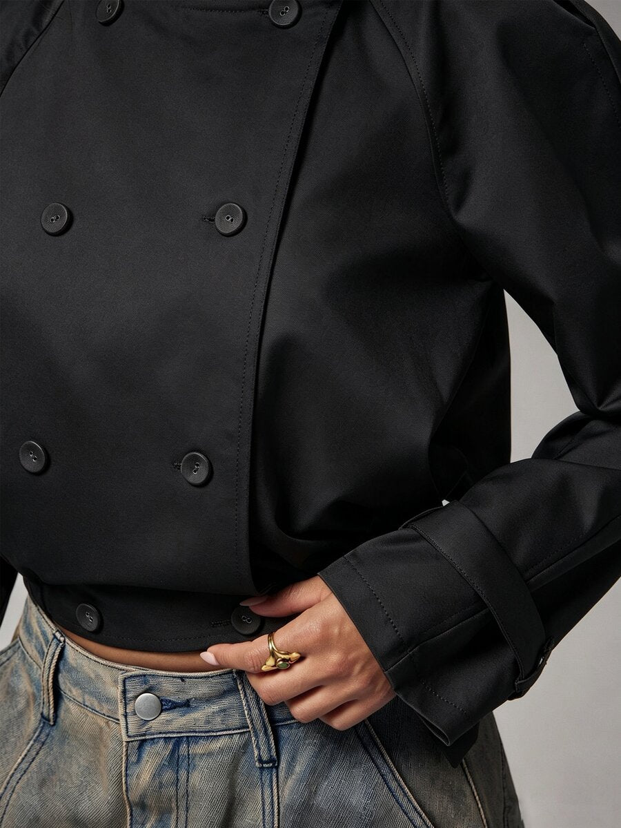 Marguerite High Collar Double-Breasted Cropped Trench Jacket - Black