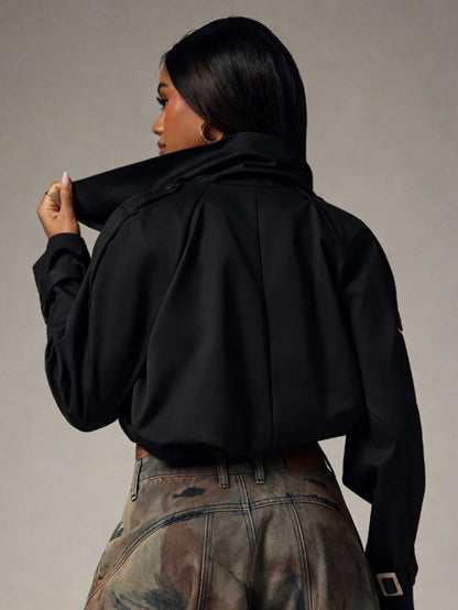 Marguerite High Collar Double-Breasted Cropped Trench Jacket - Black