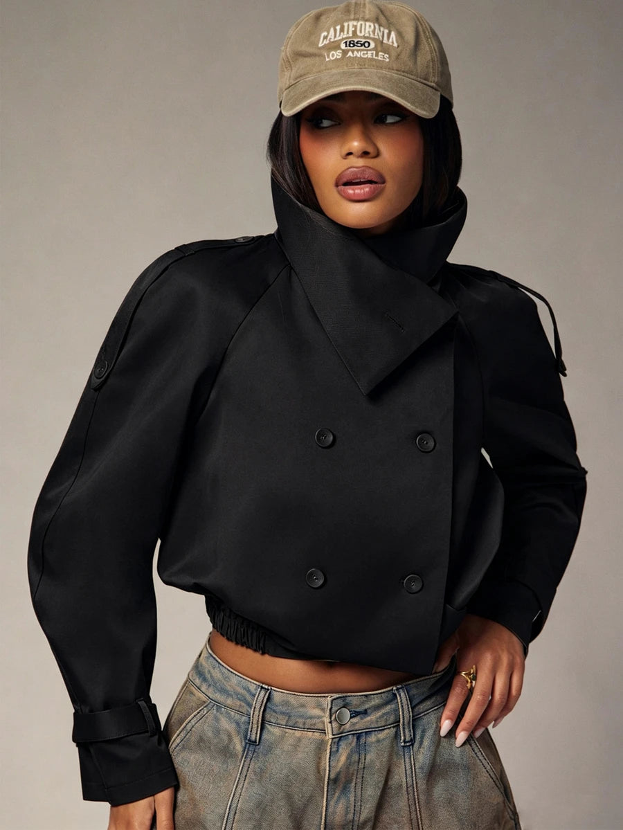 Marguerite High Collar Double-Breasted Cropped Trench Jacket - Black