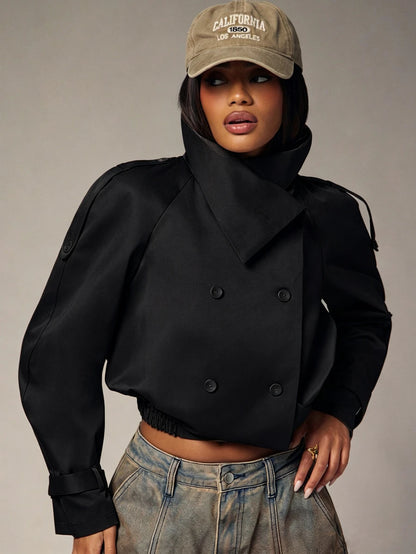 Marguerite High Collar Double-Breasted Cropped Trench Jacket - Black