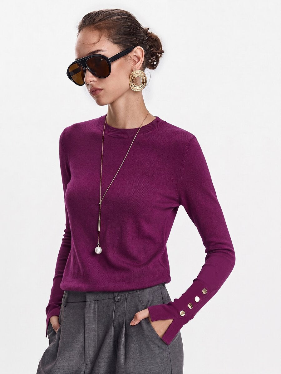 Women's Fine Knit Sweater with Button Cuffs, Lightweight Pullover for Fall Work Casual - Beige