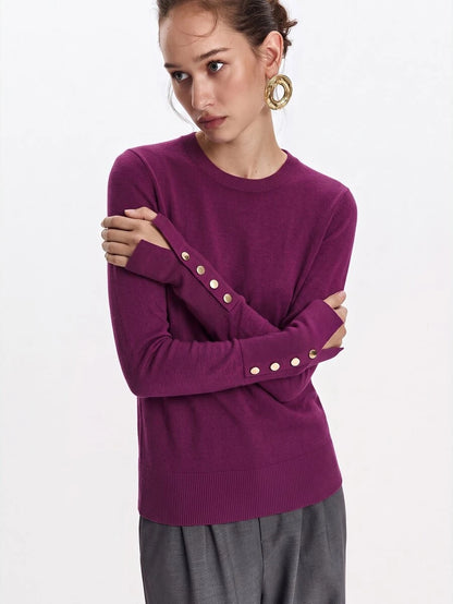 Women's Fine Knit Sweater with Button Cuffs, Lightweight Pullover for Fall Work Casual - Beige