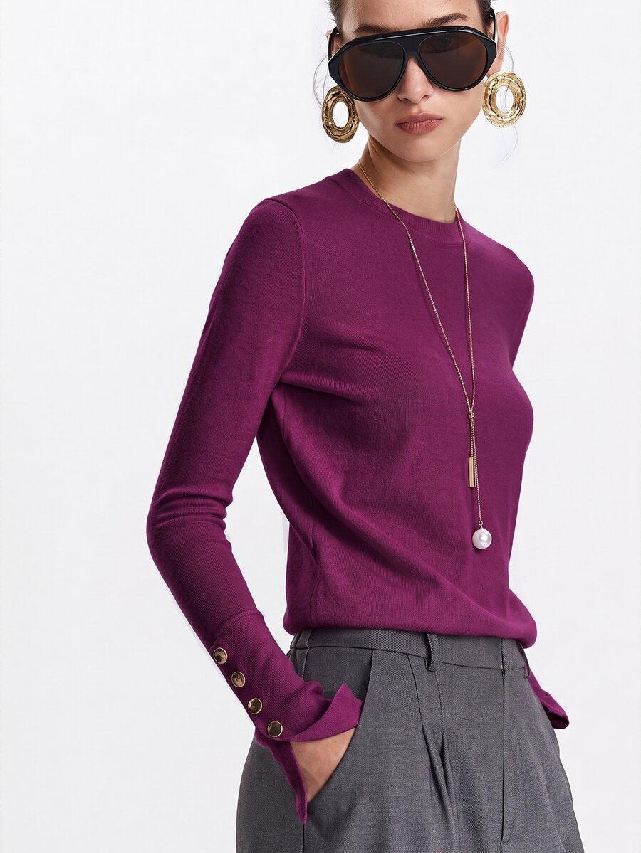 Women's Fine Knit Sweater with Button Cuffs, Lightweight Pullover for Fall Work Casual - Beige