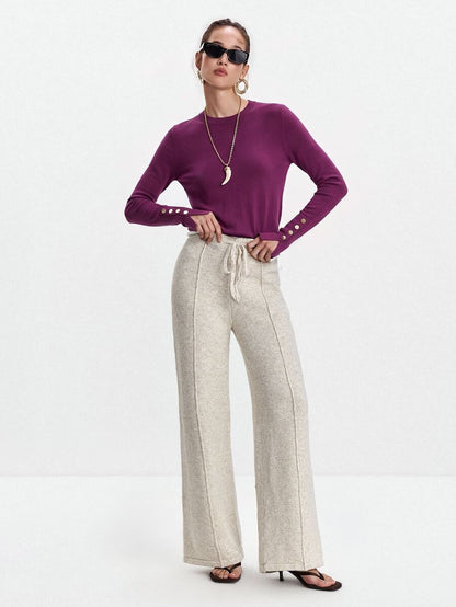 Women's Fine Knit Sweater with Button Cuffs, Lightweight Pullover for Fall Work Casual - Beige
