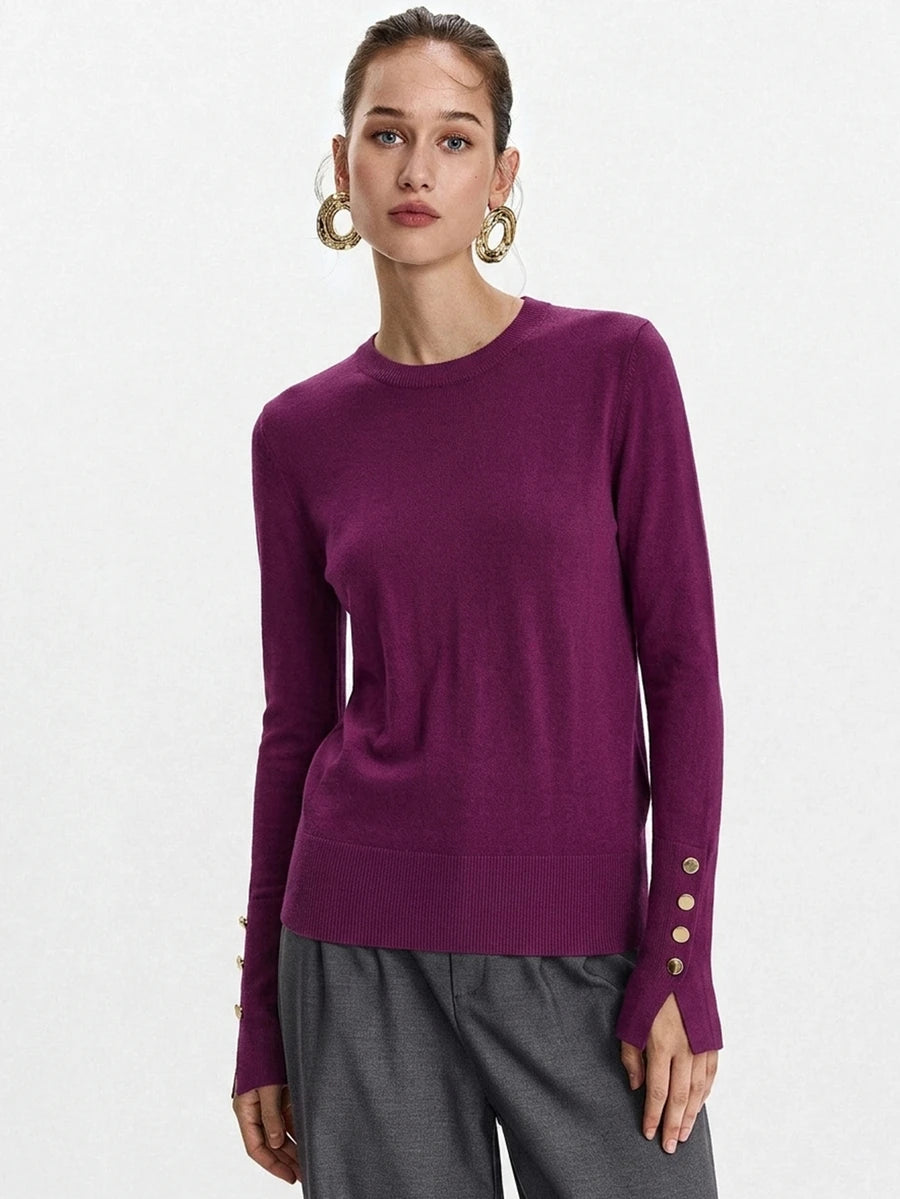 Women's Fine Knit Sweater with Button Cuffs, Lightweight Pullover for Fall Work Casual - Beige