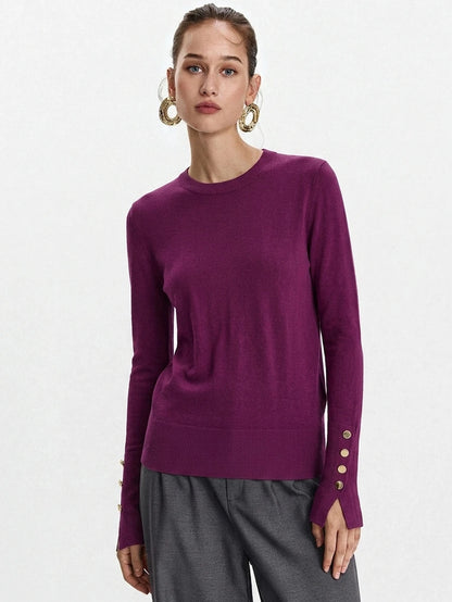 Women's Fine Knit Sweater with Button Cuffs, Lightweight Pullover for Fall Work Casual - Beige