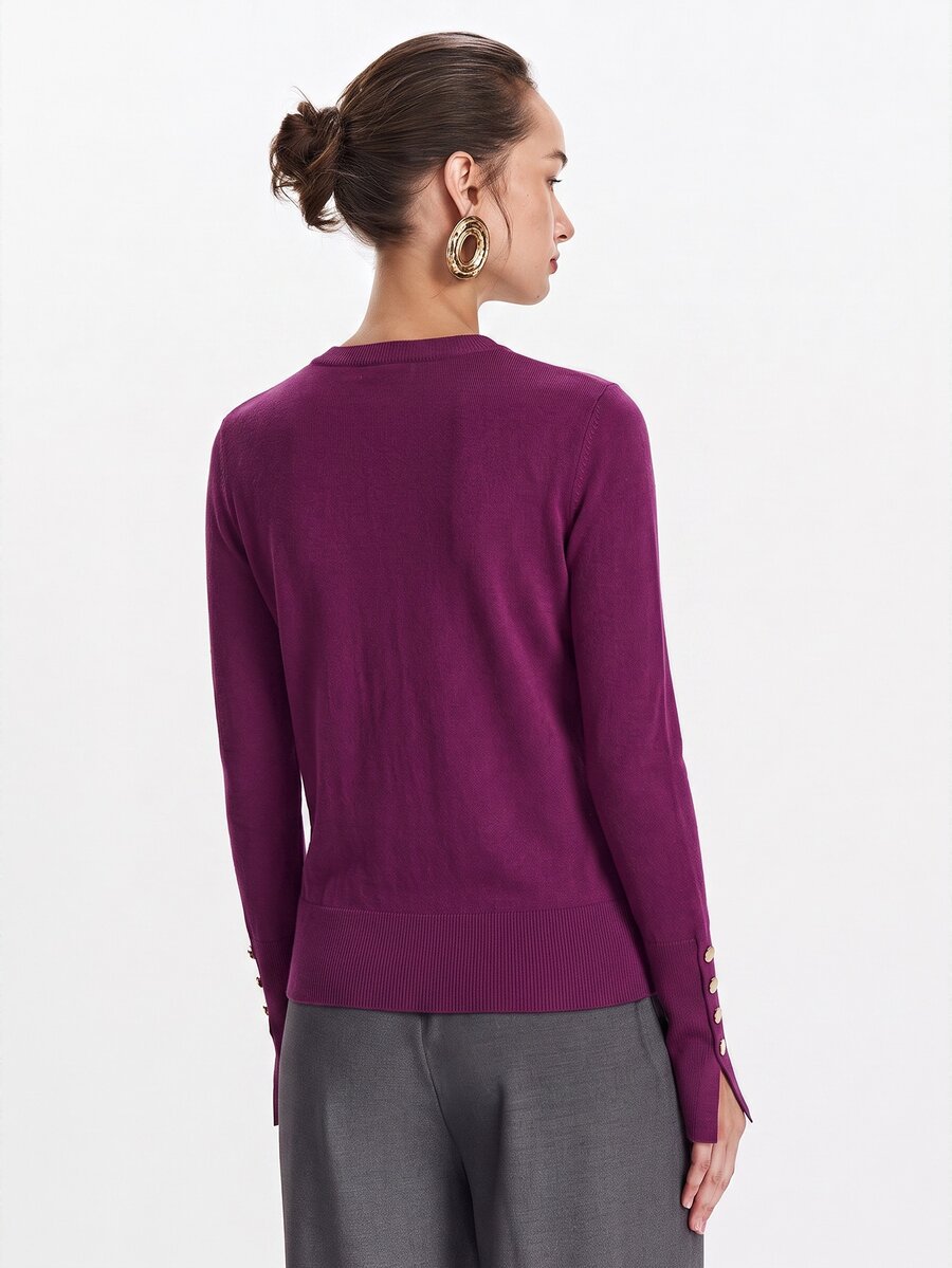 Women's Fine Knit Sweater with Button Cuffs, Lightweight Pullover for Fall Work Casual - Beige