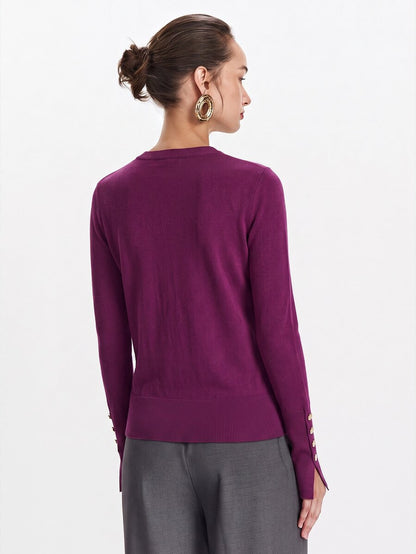 Women's Fine Knit Sweater with Button Cuffs, Lightweight Pullover for Fall Work Casual - Beige