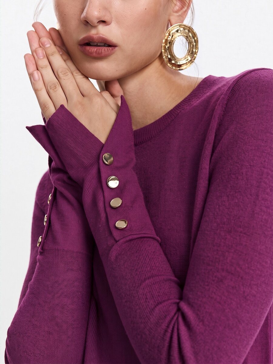 Women's Fine Knit Sweater with Button Cuffs, Lightweight Pullover for Fall Work Casual - Beige