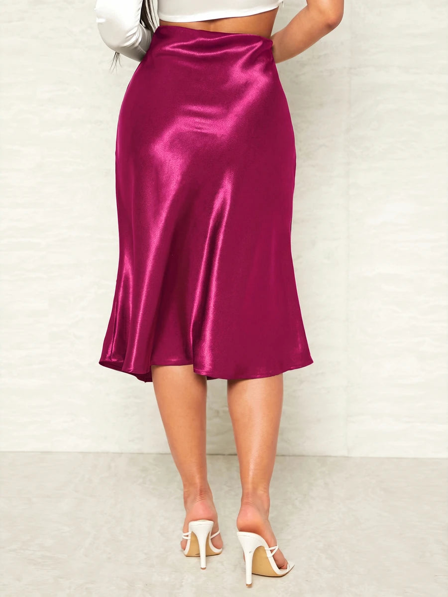 Women's Satin Midi Skirt, Side Zip Silky A-Line Skirt for Evening and Wedding Guest - Navy Blue