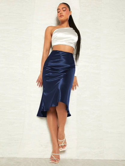 Women's Satin Midi Skirt, Side Zip Silky A-Line Skirt for Evening and Wedding Guest - Army Green