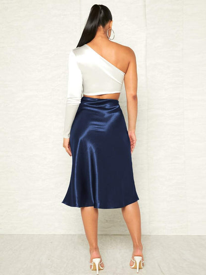 Women's Satin Midi Skirt, Side Zip Silky A-Line Skirt for Evening and Wedding Guest - Brown