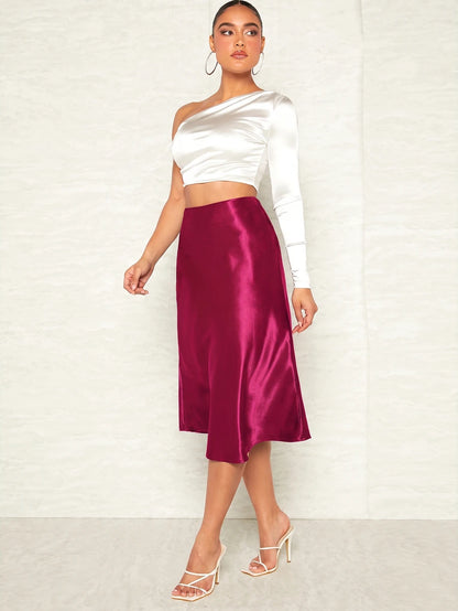 Women's Satin Midi Skirt, Side Zip Silky A-Line Skirt for Evening and Wedding Guest - Burgundy