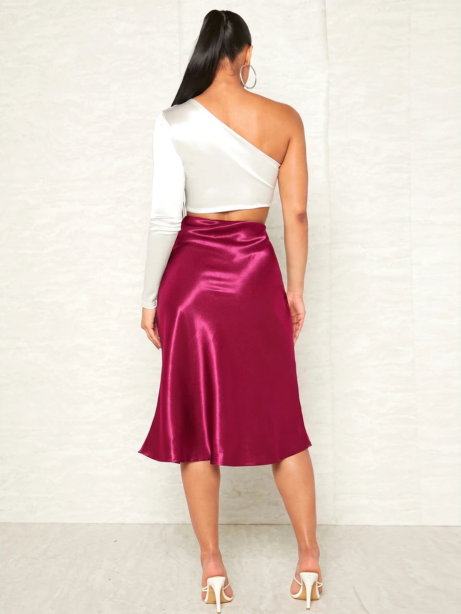 Women's Satin Midi Skirt, Side Zip Silky A-Line Skirt for Evening and Wedding Guest - Army Green