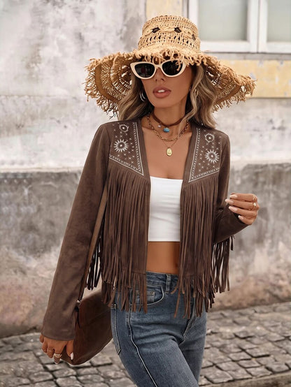Evangeline Fringe Trim Open Front Crop Jacket - Navy Blue
