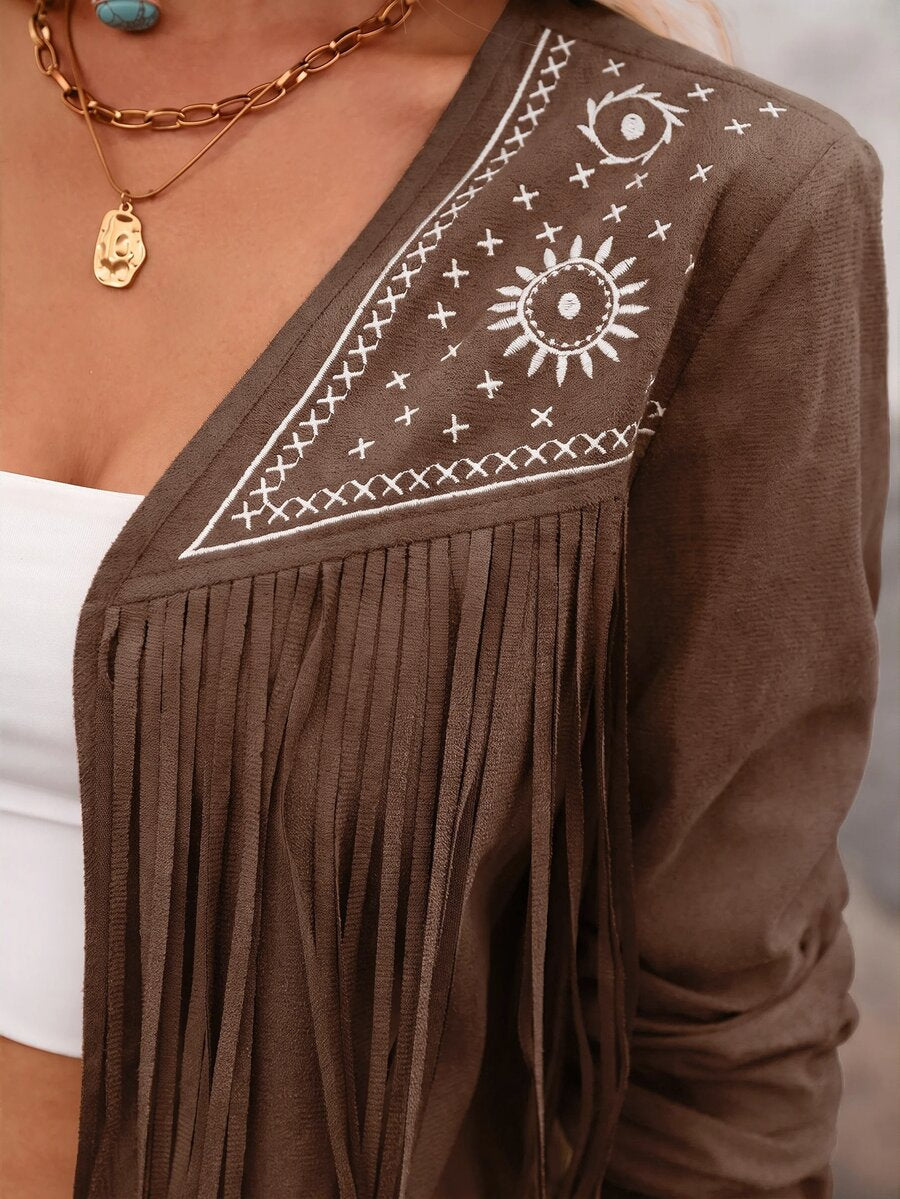 Evangeline Fringe Trim Open Front Crop Jacket - Blue