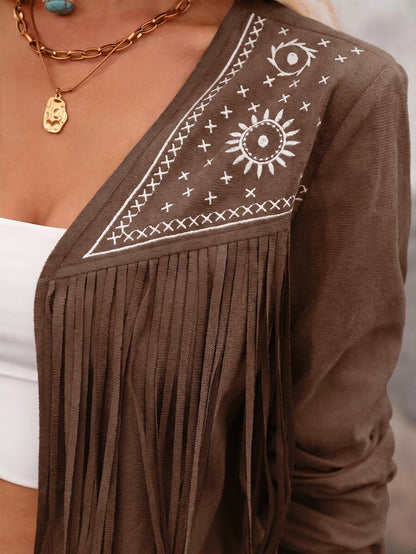 Evangeline Fringe Trim Open Front Crop Jacket - Blue