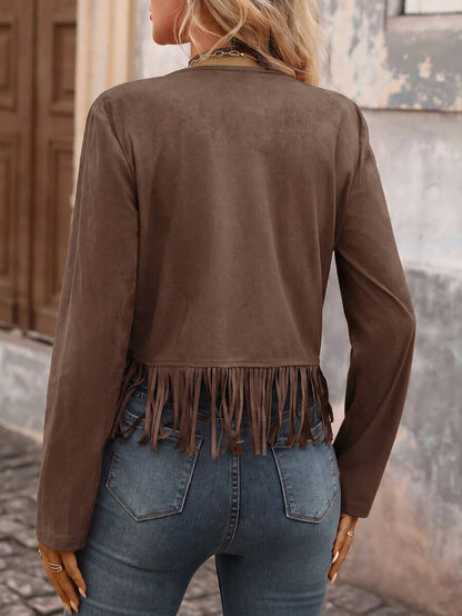 Evangeline Fringe Trim Open Front Crop Jacket - Khaki