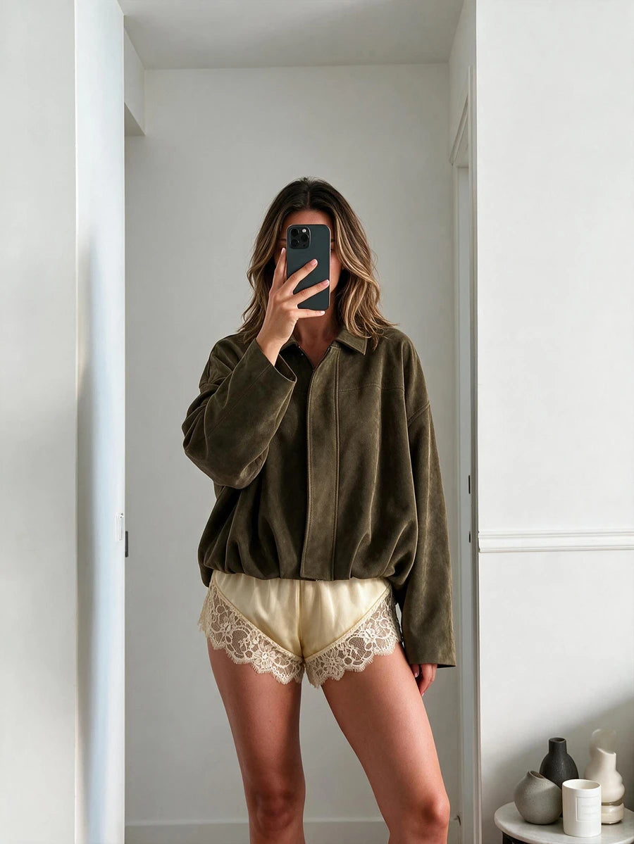 Sabrina Faux Suede Oversized Cropped Collared Jacket - Olive Green