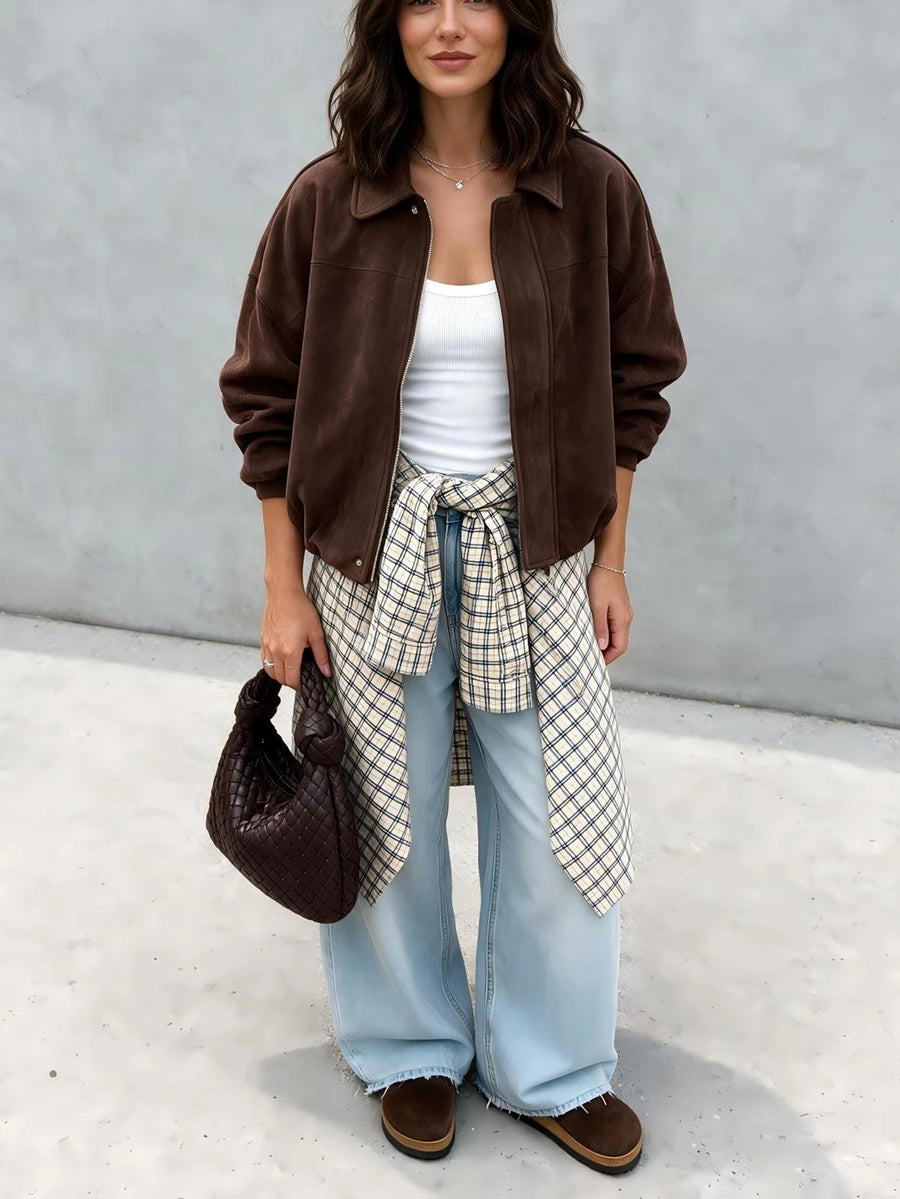 Sabrina Faux Suede Oversized Cropped Collared Jacket - Chocolate Brown