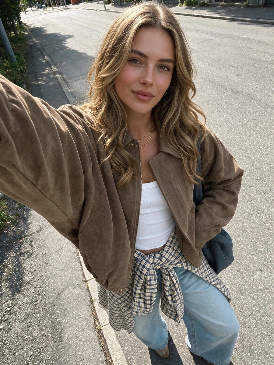 Sabrina Faux Suede Oversized Cropped Collared Jacket - Mocha