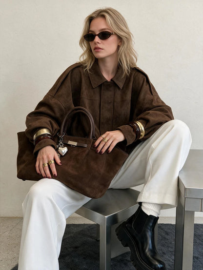 Sabrina Faux Suede Oversized Cropped Collared Jacket - Chocolate Brown