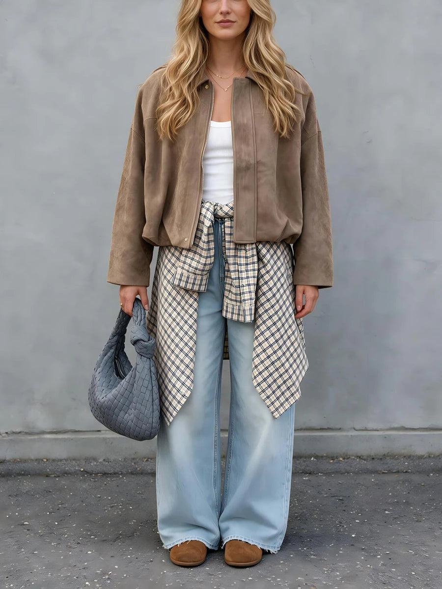 Sabrina Faux Suede Oversized Cropped Collared Jacket - Mocha