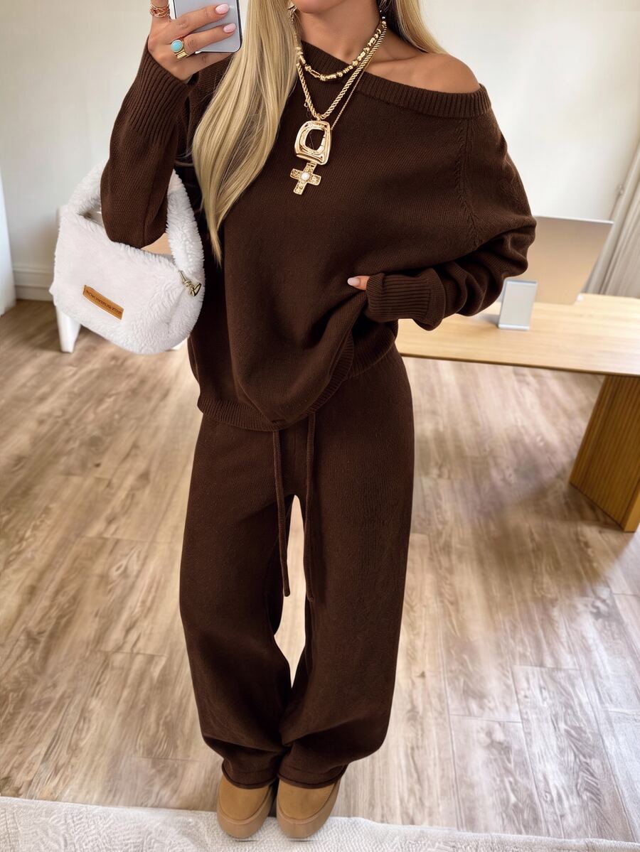 Valentina Off-Shoulder Knit Sweater and Wide Leg Pants Set - Chocolate Brown