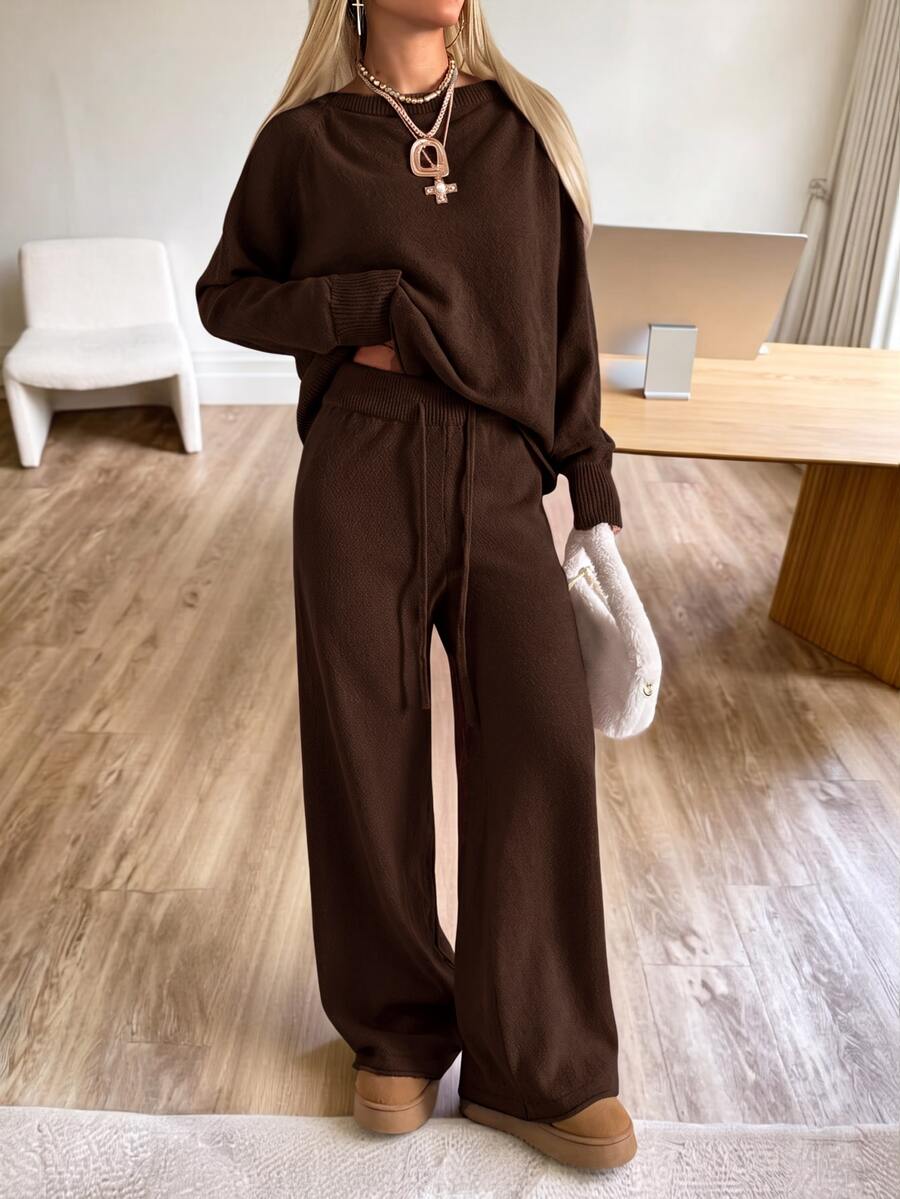 Valentina Off-Shoulder Knit Sweater and Wide Leg Pants Set - Chocolate Brown