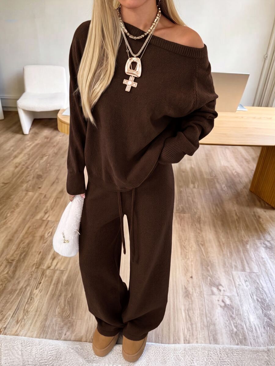 Valentina Off-Shoulder Knit Sweater and Wide Leg Pants Set - Chocolate Brown