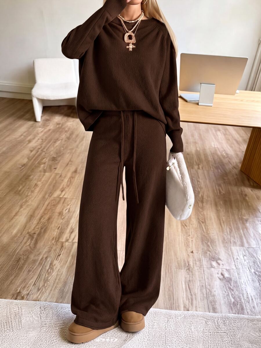 Valentina Off-Shoulder Knit Sweater and Wide Leg Pants Set - Chocolate Brown