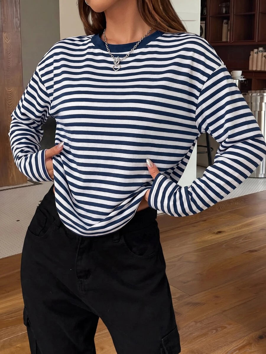 Ophelia Striped Long Sleeve Crew Neck Tee - Navy Blue
