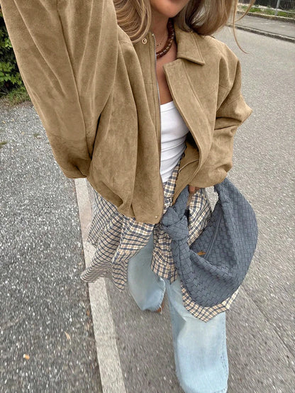 Sabrina Faux Suede Oversized Cropped Collared Jacket - Khaki