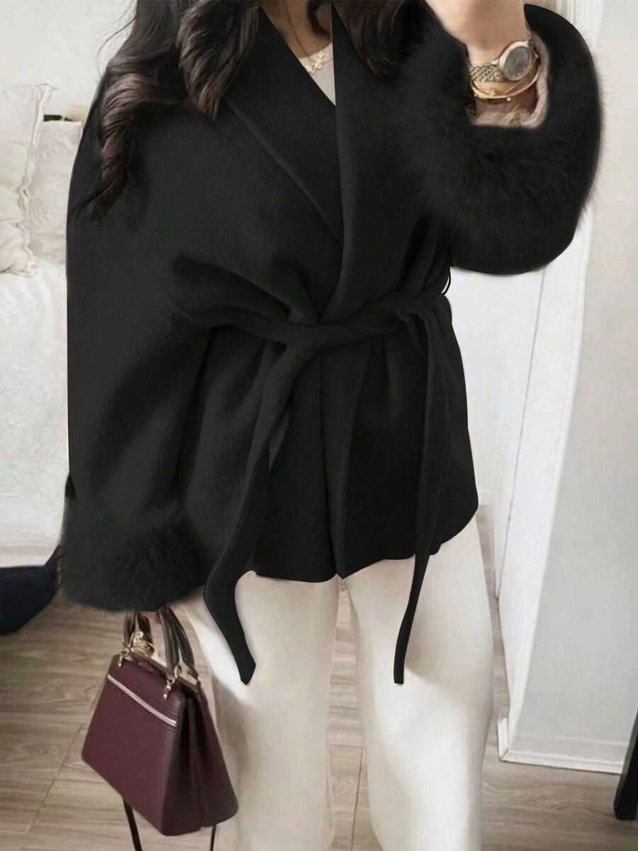 Flavia Belted Wrap Coat with Faux Fur Cuffs and Shawl Collar - Black