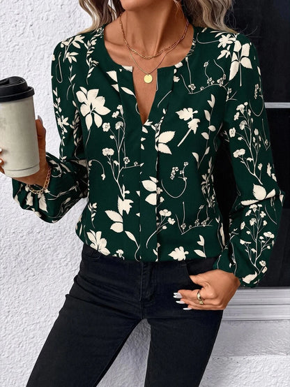 Nell Long Sleeve Blouse with Split V Neck and Lantern Sleeves - Green Floral