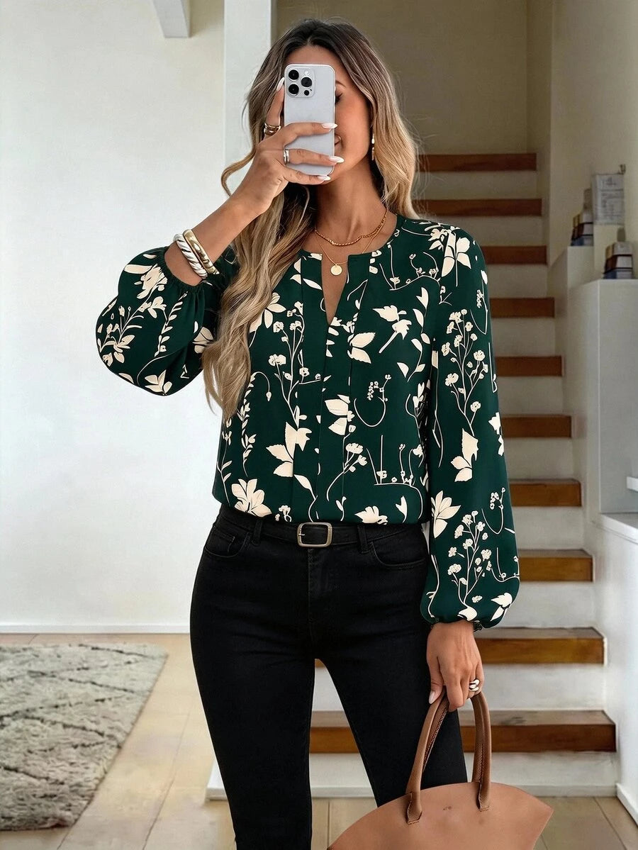 Nell Long Sleeve Blouse with Split V Neck and Lantern Sleeves - Green Floral